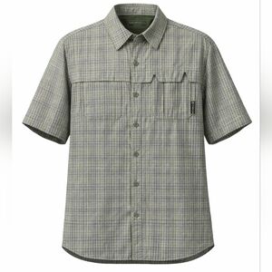 LG Merrell Men's Plaid Button Down Shirt in Green Grey Plaid Vented SPF UPF 50+